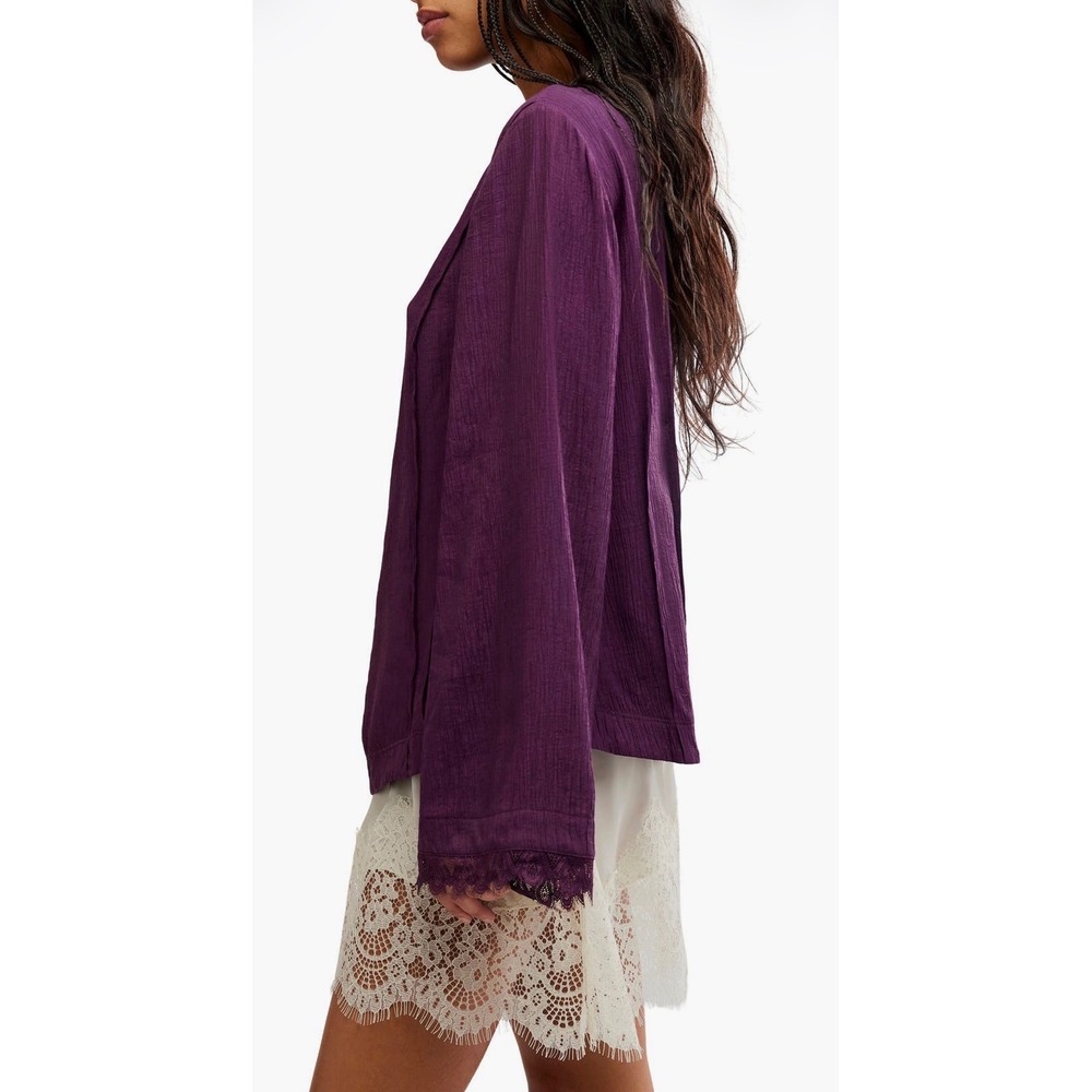 Free People Donni Lace Cuff Top Ivory Gauze Blouse NWOT italian plum - Picture 2 of 4
